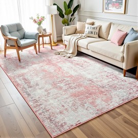 Flagover 3x5 Pink Washable Area Rug for Living Room Bedroom, Modern Abstract Non-Slip Rugs, Low Pile Soft Stain Resistant Carpet for Dining Room, Kitchen, Office, Dorm, Bedside Decor