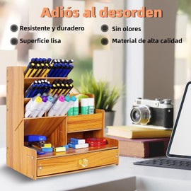 Organizador de Escritorio, Soporte de Lápiz, Organizador de Accesorios de Escritorio, Organizador de Artículos de Arte con Cajón, Adecuado para su uso en oficinas y hogares (Marrón Grande)
