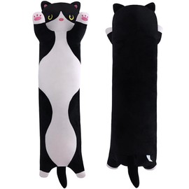 Almohada suave de felpa larga para dormir, almohada de algodón para gatitos, linda muñeca de peluche, regalo para niños y novias (blanco y negro, 110 