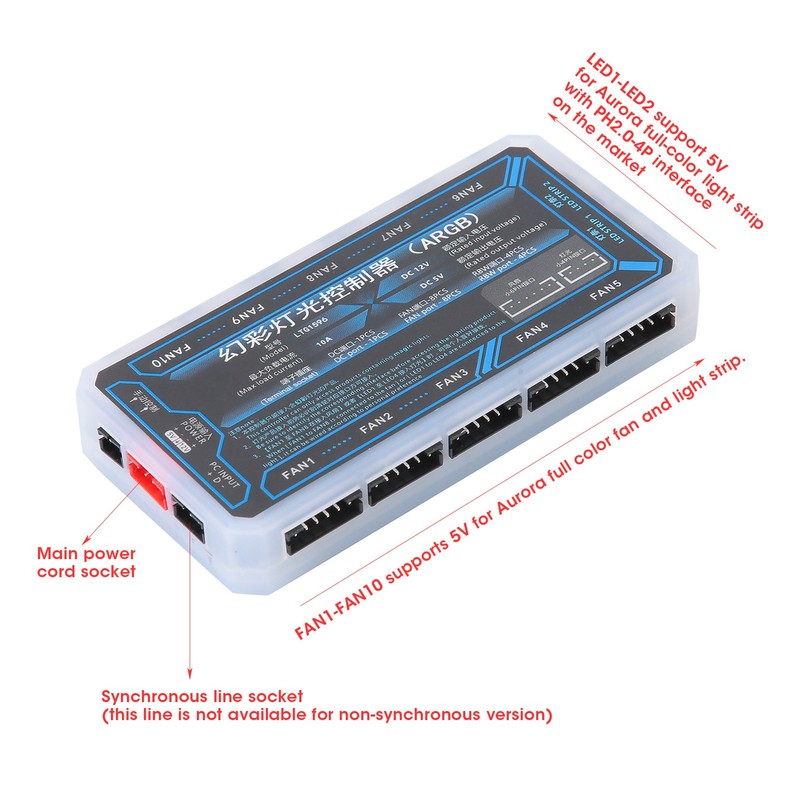 Fan Hub Computer Cooler System PH2.0 4‑Pin LED1‑LED2 FAN1‑FAN10 5V