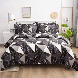AShanlan Marble Bed Linen 135 x 200 cm Black White Grey Duvet Cover 2-Piece Microfibre Marble Look Geometric Pattern Bed Linen Set and Pillowcase 80 x 80 cm with Zip