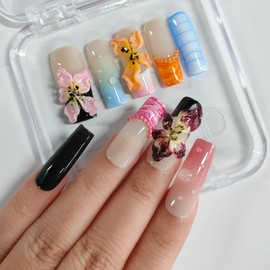Handmade Press on Nails Medium Square 3D Floral French Tip Thick Acrylic Fake Nails Colorful False Nails with Lily Flower Water Drop Designs Sturdy Nail Art Press on Nails 10Pcs(M)