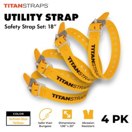 Titan Utility Straps – Easy-to-Use, Reliable Tension Straps for Securing Bike & Moto Gear, Skis, Hoses, Field Repair – Use in Frigid Temp – 60 lb.Working Load, 18" Length, School Bus Yellow, 4-Pack