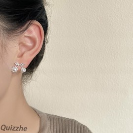 Quizzhe Boho Pearl Cherry Earrings Studs Tiny Cute Cherry Fruit Stud Earrings 925 Sterling Silver Trendy Rhinestone Pearl Cuff Earrings Birthday Jewelry Gifts for Women (Stud)