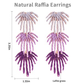 Raffia Palm Leaf Drop Dangle Earring- Handmade Boho Statement Earrings for Summer (Purple)