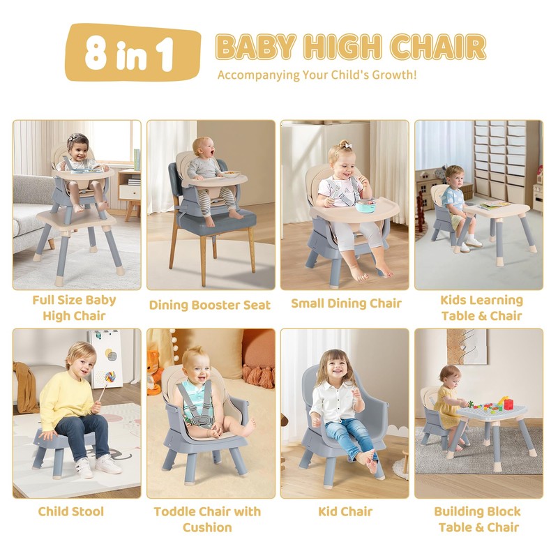TODEFULL Baby High Chair, 8 in 1 Convertible Highchairs for