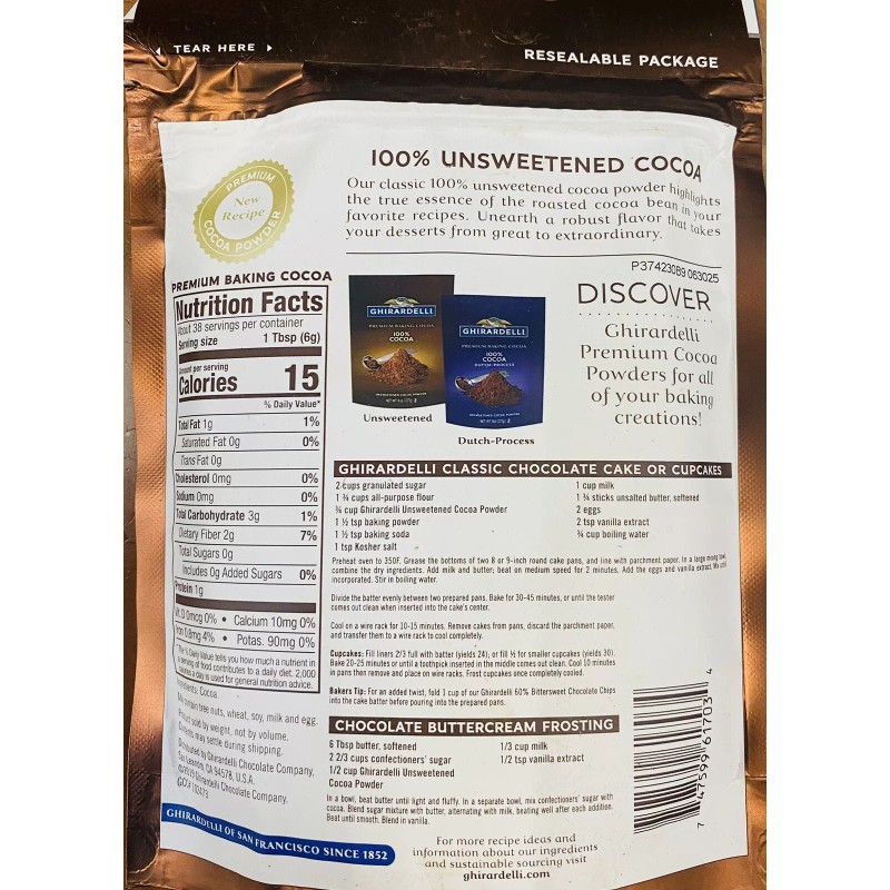 GHIRARDELLI Premium Baking 100% Unsweetened Cocoa Powder 8 oz Bag