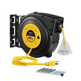 WILAWELS Retractable Extension Cord Reel, 40 FT Heavy Duty Power Cord, 12AWG/3C SJTOW, 3 Grounded Outlets Lighted Triple Tap, 15 Amp Circuit Breaker, UL Listed, Yellow Y40CR06