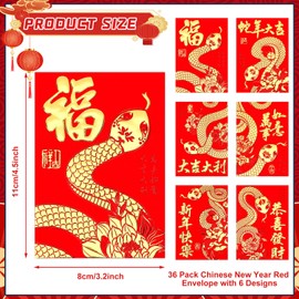 SEPGLITTER Chinese New Year Red Envelopes 2025, 36PCS Lunar New Year of the Snake Red Envelopes for Spring Festival 12 Styles Hong Bao Red Pocket Lucky Money Envelopes with Gold Raised Foil