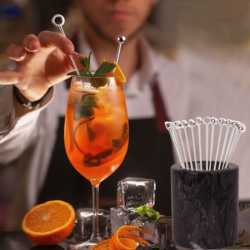 16pcs Stainless Steel Cocktail Stick and 1pcs Marble Tank,Cocktail Clip,Appetiser