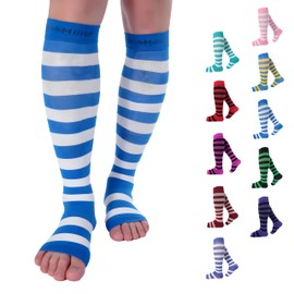 Doc Miller Open Toe Compression Socks for Women and Men 15-20mmHg, Shin Splints, Varicose Veins Recovery, 1 Pair Blue and White Small Toeless Compression Socks