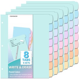 Forvencer 48Pcs/6Set Binder Dividers with Big 8 Tabs, Write&Erase Plastic Dividers for 3 Ring Binder, Tab Divider with Sticker Labels for Student, Teacher, Office, Home Organizers, School Supplies
