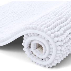 smiry Non Slip Chenille Bath Mat, 40 x 60 cm, Extra Soft Bathroom Mat, Super Absorbent Fluffy Bath Mats for Bathroom, Quick Dry Machine-Washable Bath Rug Foot Mat, White