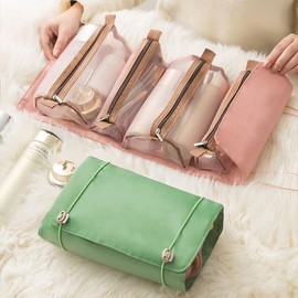 Premium Portable Cosmetic Bag: Versatile Drawstring Makeup Storage Case with Detachable Compartments - Perfect for Travel & Home, Spacious Roll Bag Carry Box, with 4 Department to Organise Toiletries