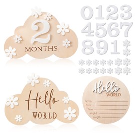3 Pcs Baby Monthly Milestone Cards, Wooden Baby Month Sign with 11 Numbers and 16 Petal Flower Accessories, Baby Monthly Cards Baby Announcement Sign Baby Milestone Cards for Photo Prop Baby Shower
