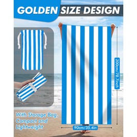 Beach Towel, Sand Free Beach Towels for Adults, Quick Dry Extra Large Beach Towels for Adults, 100% Recycled Microfibre Lightweight Beach Towels with Bag for Travel, Sky Blue Stripes 200x90CM 79x35In