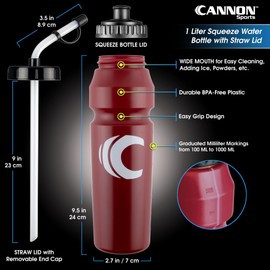 Cannon Sports 1 Liter Sports Water Bottle, BPA-Free, 34 Oz Capacity, Large Mouth, 2 lids (Straw and Squeeze), Great For Helmet Sports Such As Hockey, Lacrosse, Football, Boxing (Burgundy)
