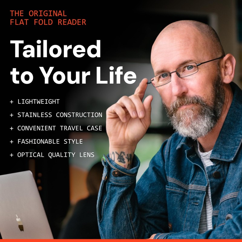 Microvision Flat Folding Reading Glasses, Gunmetal Frame, 3x Magnification For