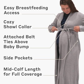 MONICA + ANDY Maternity Lounge Robe – 100% Organic Cotton Gown for Labor & Delivery at the Hospital, Home, Bath, Nursing & More – Essential Pregnancy & Postpartum Nightgown – Grey, Medium/Large