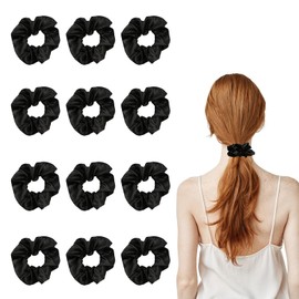 Silk Hair Scrunchies, 12 Pack Black Scrunchie for Women and Girls, Elastic Hairs Ties and Bobbles, Stylish Black Hairs Accessories for All Hair