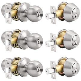Probrico Brushed Nickel Door Knob and Single Cylinder Deadbolt, Front Door Handle and Deadbolt Set, Exterior Door Knob with Lock and Key, 3Pack Keyed Alike Combo