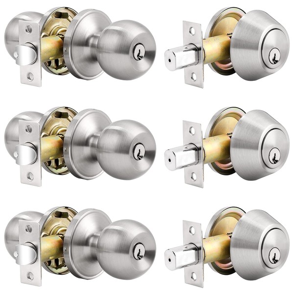 Probrico Brushed Nickel Door Knob and Single Cylinder Deadbolt, Front