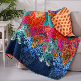 Levtex Home - Mackenzie - Quilted Throw - Bohemian - Teal, Orange, Yellow, Green, Blue - Throw Size 50x60in. - Reversible - Cotton Fabric