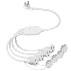 KUNCAN 4 Way Power Splitter - 45 Degrees Lower Right Corner Downward Angled US Flat Plug 1 to 4 Extended Outlets Male to Female SVT 16AWG Extension Cable Strip for Home, Office, School (White 1-Pack)