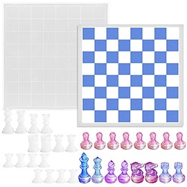 SENHAI Juego de moldes de resina de ajedrez, 1 molde de silicona para tablero de ajedrez y 16 moldes de epoxi de tamaño completo de ajedrez 3D y molde de fundición de resina para damas para