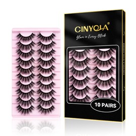 CINYOLA 10 Pairs Mink Lash Fluffy Wispy False Eyelashes, Cat Eye Lashes Extension Strips Charming Look, Volume D Curl Fake Lashes Pack