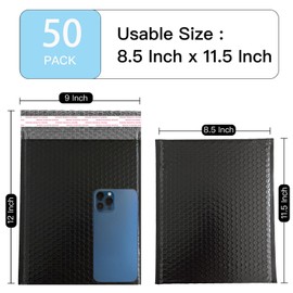 Proprobag Black Bubble Mailers 8.5 X 12 50 Pack, 8.5x11 Inner Size Strong Adhesion Self Sealing Padded Shipping Mailing Envelopes Bulk