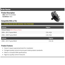 Power Brake Booster - Compatible with 2006-2012 Toyota RAV4