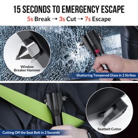 Mirthcos 17-in-1 Car Emergency Flashlight - Window Breaker Hammer & Seat Belt Cutter - Mobile Power, Rechargeable, Rescue Alarm, Compass, Magnet, Car Safety Tool for Outdoor, 8.2'' Black