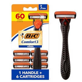 BIC Rastrillo Comfort 3 Hybrid Mango Ergonómico Cartuchos Intercambiables Banda Lubricante con Aloe Vera y Lanolina Hombre 1 Mango + 6 Cartuchos