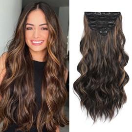Fliace Highlight balayage dark brown Hairpieces, Natural & Blends Well Clip in Hair Extensions (16inch, 6pcs, Dark roasted coffee & Caraamel brown)