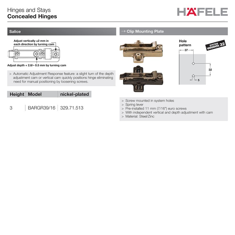 Hafele 329.71.513 Salice BARGR39/16 Clip Mounting Plate, steel, nickel-plated, with