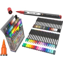 36 Flexible Brush Tip Acrylic Paint Pens Markers Set 1-7mm Line for Rock Painting, Brush Lettering, Scrapbooking, Glass, Mugs, Wood, Metal, Canvas, Fabric, Plastic. Non Toxic Waterbased Quick Drying