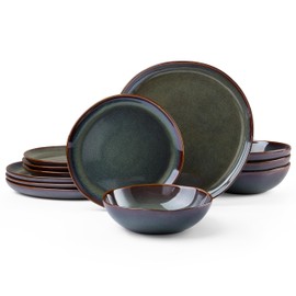 HaWare Plates and Bowls Set, Stoneware Dinnerware Sets, 12-Piece Hand-painted Dishware for 4, Ceramic Dinner Set for Home Kitchen, Scratch Resistant, Microwave and Dishwasher Safe, Reactive Moss Green