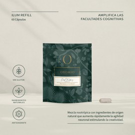 Ilum de Oxomio - Nootrópico para impulso mental, 60 cápsulas - L-Teanina,  Hongo Melena de León, Té Verde (extracto 50% cafeína), Vitamina B6, Vitamina B12.