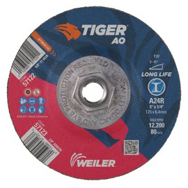 Weiler 57122 Tiger 5" Grinding Wheel, Type 27, 1/4" Thick, A24R, 5/8"-11 UNC Nut (Pack of 10)