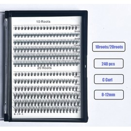 240pcs C Curl 10D/20D Cluster Eyelashes Mixed, 0.07mm /0.10 mm Mixed,8/9/10/11/12mm,10/11/12/13/14mm,12/13/14/15/16mm/14/15/16/17/18mm/16/17/18/19/20mm and Under Eyelashes Mixed Professional Makeup Individual Cluster Eye Lashes（8/9/10/11/12mm and Under E