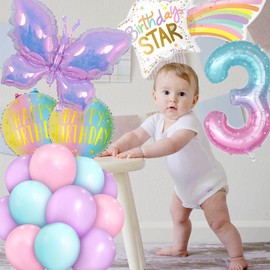 Holographic Butterfly Number Birthday Balloons, 40” Gradient Colorful Aluminum Foil Balloons for Girl Birthday Party, Baby Shower, Rainbow Party, Butterfly Party Decorations Supplies (3)