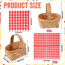 SHENLIU 12 PCS Mini Woven Wooden Baskets with Handles Includes 20 Red Plaid Napkins, Mini Wood Chip Baskets Tiny Flower Candy Container for Wedding Party Favors Farmhouse Decor