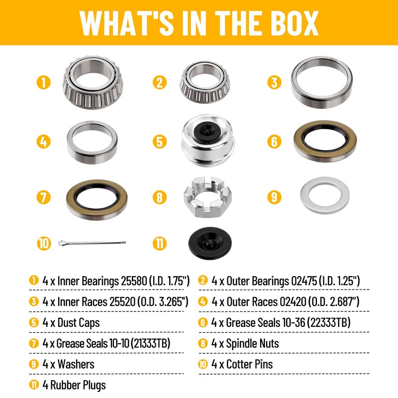 Racewill 4 Sets Trailer Hub Wheel Bearing Kit - Inner