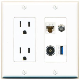Wall Plate City CAT6 COAX TOSLINK USB-3 Port Wall Plate w/Power Outlet White