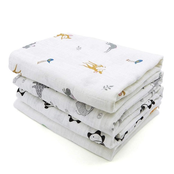 ALBOYI 4 Pack Baby Muslin Washcloths, 120cmx110cm Cotton Muslin Baby Wiping Bathing Towels with Printed Design, Highly Absorbent, Washable & Reusable