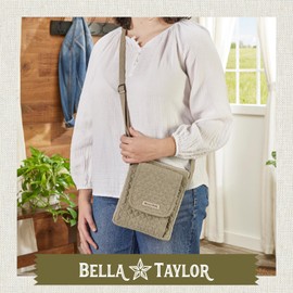 Bella Taylor Mini Crossbody Purse with Built In Wallet, Quilted Cotton Khaki Chambray