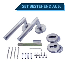 Generic APECS Door Handles for Front Door and Interior Doors, Door Handle Made of 304 Stainless Steel, Matte, for Front Door and Room Doors, Door Fitting, Exterior Door, Satined, with Round Rosettes,