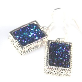 SILVER Vintage Style Blue Green Titanium Druzy Rectangular Earrings