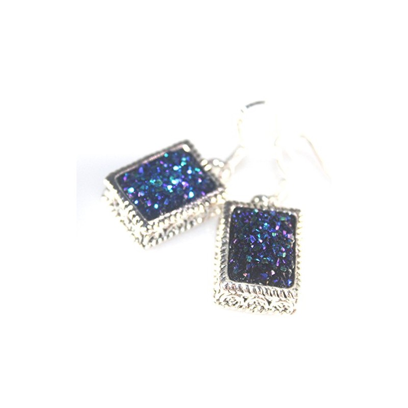 SILVER Vintage Style Blue Green Titanium Druzy Rectangular Earrings